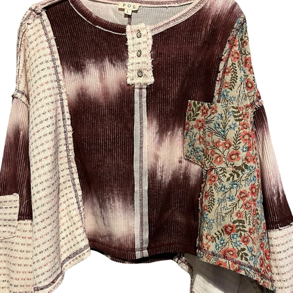 POL L Wildberry Patchwork and Cream Floral Tie-Dye Top - Picture 3 of 8